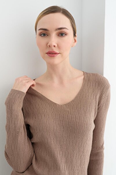 Dilvin 10708 v-neck sequin soft textured thin knitwear sweater