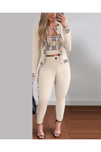 Genel Markalar Kadın Uzun Kollu Baskılı Dalgıç Ceket Bluz Ve Pantolon 3Lü Takım