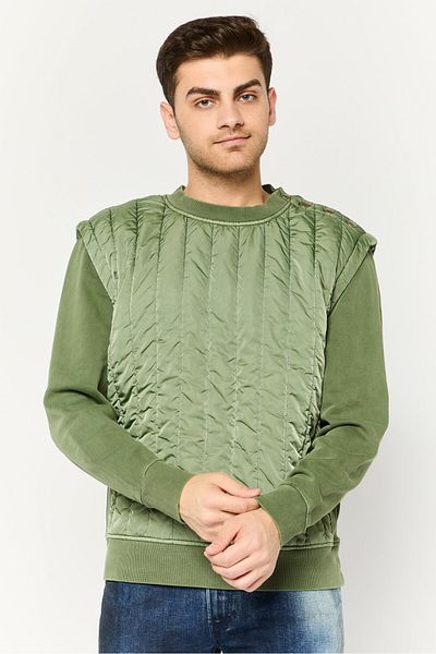 Diesel Men Crew Neck Long Sleeves Quilted Sweatshirt, Olive