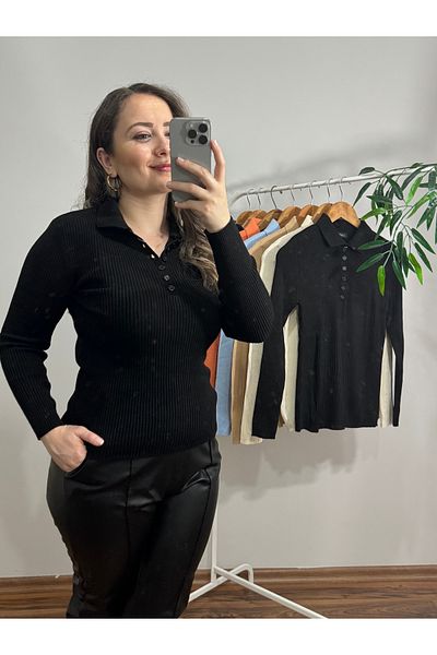 Hotfashion Women's Black Polo Neck Ribbed Knitwear Sweater