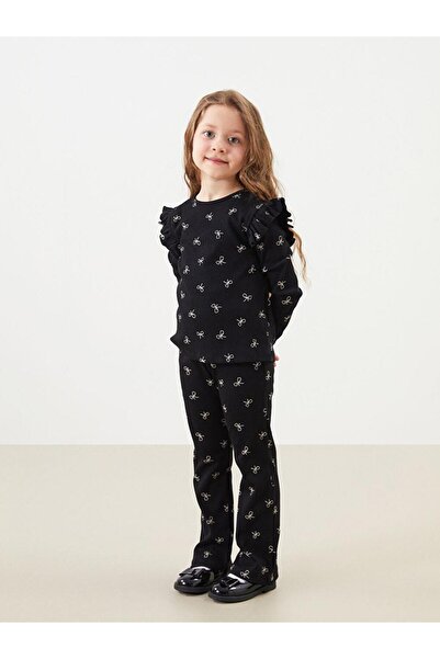 LC Waikiki LCW Kids Black Crew Neck Ribbon Nyomtatott kislány blúz és leggings 2 csomag