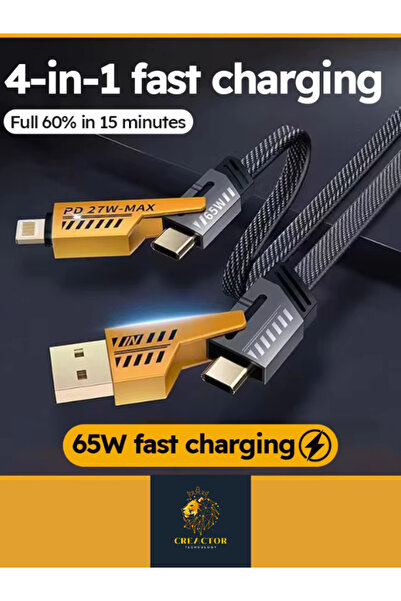 CREACTOR 4'in1 Örgülü 1.5 Mt Usb-c Ve Lightning 5a 100w Hızlı Çoklu Şarj Ve D...