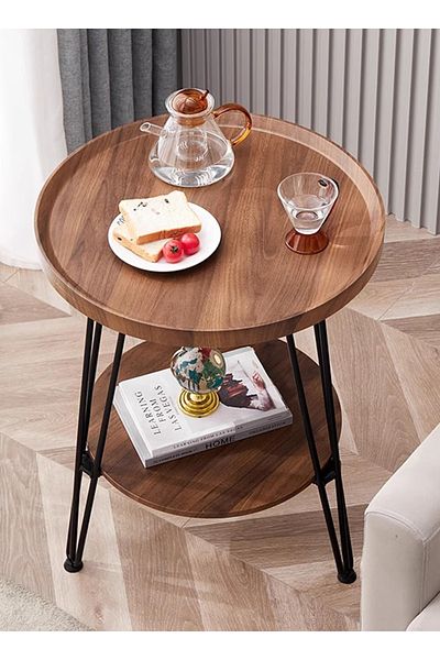 sharpdo Living Room Sofa Side Table Double Layer Small Coffee Table, Metal Frame, Brown Round Coffee Table
