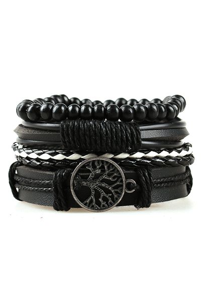 Choice 1 Tree of Life Alloy Accessories Four Combination Set Leather Men's Bracelet Wooden Beads Hand-wove.
