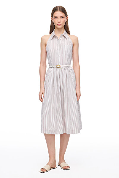 Perspective Φόρεμα με ρίγες κάτω από το γόνατο, κανονική εφαρμογή, λευκό βιζόν