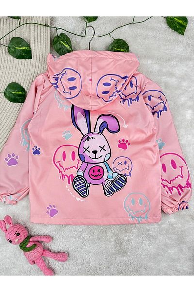 Minizade Rabbit Printed Water and Wind Proof Girls' Trench Coat Raincoat