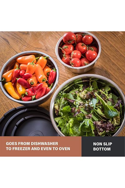 COOYA 3 Piece Stainless Steel Salad Mixing Bowl, Non Slip Silicone, Nesting Metal, for Cooking, Baking