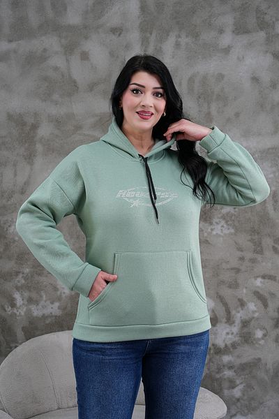 JANSO GROUP - Women's Large Size Stone Printed Sy Green Color Oversize Sweatshirt
