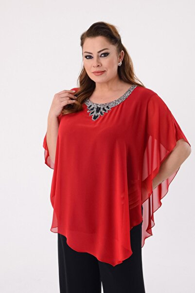LİLAS XXL Büyük Beden Fes Kırmızı Renkli Şifon Abiye Bluz