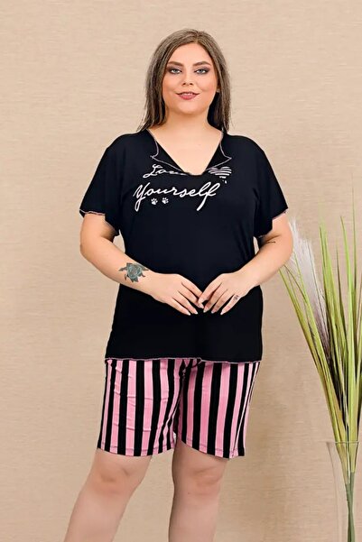 Viselya Set pantaloni scurți negru roz Plus Size