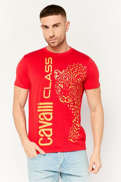 Cavalli Class تي شيرت رجالي بطبعة جرافيكية بأكمام قصيرة ورقبة دائرية، أحمر