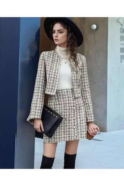 Simala Women's Long Sleeve Open Front Button Detailed Woven Jacket Skirt Double Set