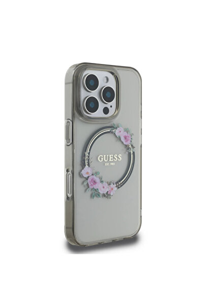 CG Mobile Guess Magsafe Iml Hard Case With Flower Wreath Design For iPhone 16 Pro Max - Black