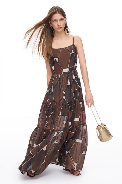 Perspective Brown Ledas Comfortable Fit Geometric Long Length Dress