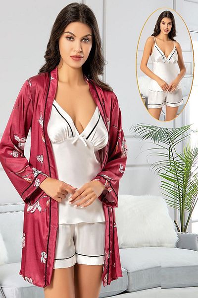 Xses 2156 Women Satin Empirme Dressing Shorts Suit-Burgundy