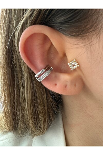 Pinery Jewels 2 Sıra Kare Zirkon Taşlı Pirinç Üzeri Kaplama Kadın Kıkırdak Küpe