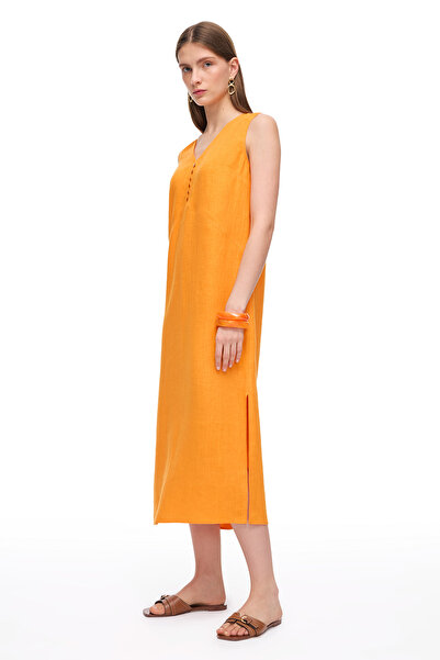 Perspective Orange Holas Regular Fit Plain Midi Length Dress