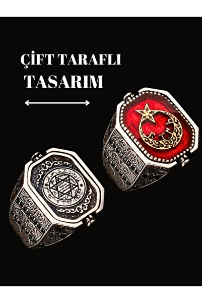 BİRİNCİHANE Erkek Gümüş Yüzük Göktürkçe Yazılı Çift Taraflı Türk Bayrağı Süle...