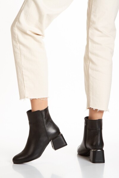 elvinshoes Willy Hakiki Deri Siyah Kadın Galvaniz Ökçe Bot