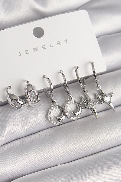 Take and Happy Brass Silver Color Dangle Zircon Stone Star Model Women's Earring Set