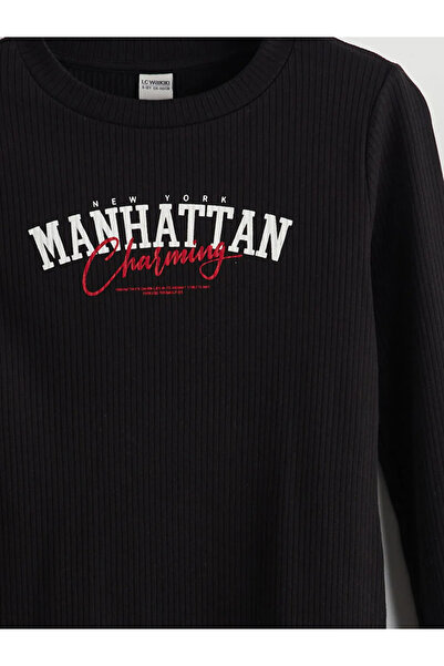 LC Waikiki LCW Kids Siyah Bisiklet Yaka Manhattan Baskılı Kız Çocuk Elbise