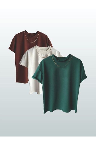 Moda Glo Μπλουζάκι Unisex Απλό 3 τεμαχίων χωρίς στάμπα Oversize
