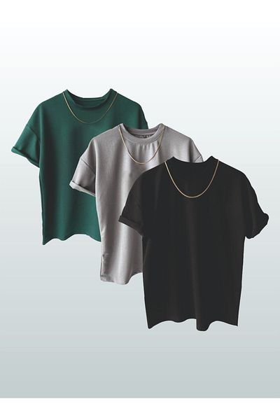Moda Glo Μπλουζάκι Unisex Απλό 3 τεμαχίων χωρίς στάμπα Oversize