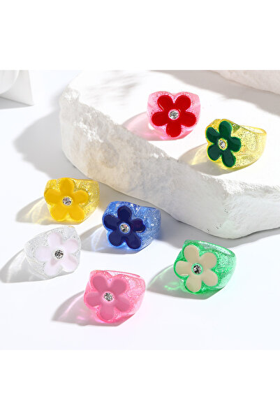 Choice مجموعة خواتم الزهور الكورية المصنوعة من الراتينج الأخضر KRM213-8 للنساء، خواتم بلاستيكية أنيقة للفتيات، تصميمات لطيفة