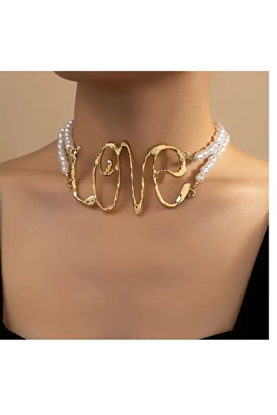 mos&more Love Yazılı İnci Choker Kadın Kolye