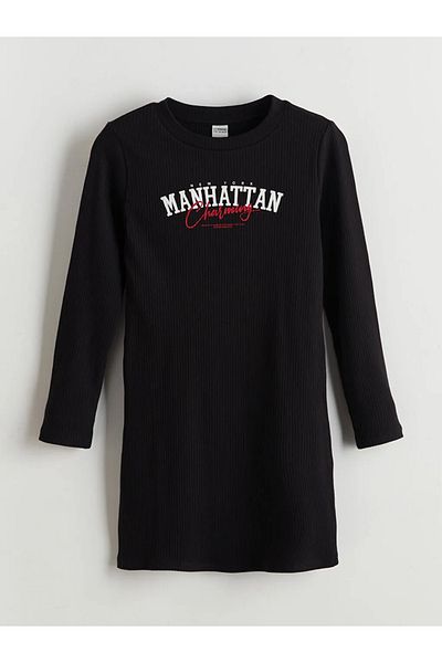 LC Waikiki LCW Kids Black Crew Neck Manhattan εμπριμέ φόρεμα για κορίτσια