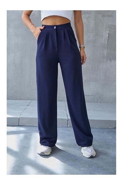 HARMONY GLOBAL Navy Blue Lycra Women's Palazzo Pants 3851 High Waist Bonito Fabric Double Pleat Detailed Knitted