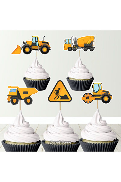 parti pera inşaat Temalı İnşaat Araçları Cupcake Pasta Süsü 15 Adet
