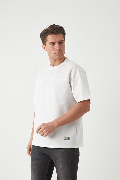 Valiberta Basic Oversize Men's T-Shirt with Panel Detail - Ecru