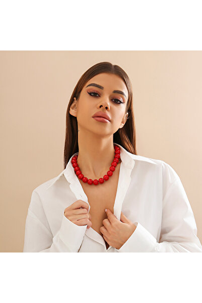 Choice قلادة نسائية من سلسلة حبات كبيرة من الأكريليك باللون الأحمر والأسود بت...