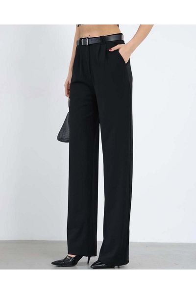 HARMONY GLOBAL Women's Black Lycra Double Pleat Detailed Knitted Crepe Fabric High Waist Palazzo Pants with Belt 3851