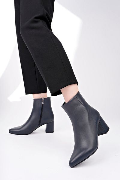 Deripabuc Genuine Leather Navy Blue Women's Heeled Leather Boots Dp02-0001
