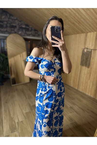 caddstore Rochie din vascoza cu trandafir albastru