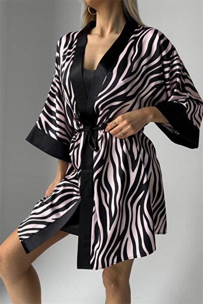 COCCOLARSI Zebra Rosa Saten Askılı Gecelik ve Sabahlık İkili Takımı