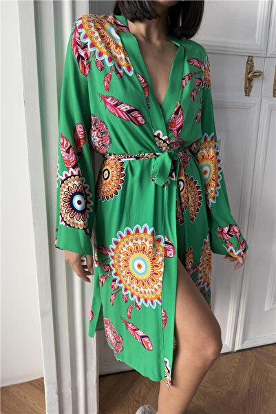 COCCOLARSI Fiori Come il Sole Yeşil Viskon Kimono / Sabahlık