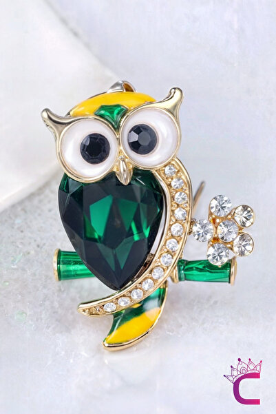 Cinderella Yeşil Zümrüt Taşlı Kristal Çiçekli Tasarım C Baykuş Broş - Çanta E...