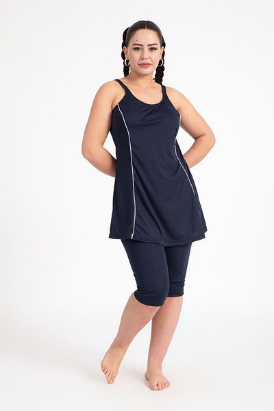 Pemilo Women's 502 Plus Size Striped Tights Dress Swimsuit Navy Blue