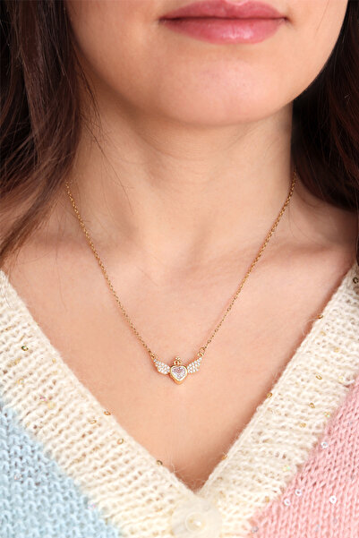 DHARMONYCO Çelik Gold Zirkon Taşlı Kanatlı Şeffaf Kalp Kolye