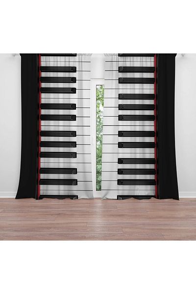 Herşey Nota Piano Musical Black and White Stylish Pleatless Curtain 2 Sash Curtain