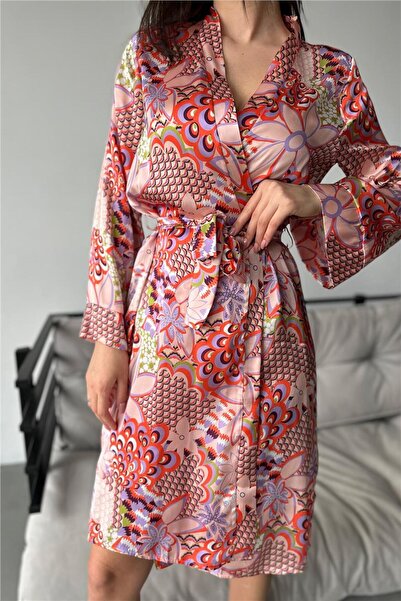COCCOLARSI Renkli Papatyalar Desen Baskılı Belden Bağlama Saten Kimono / Saba...