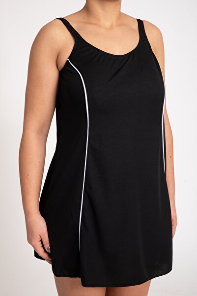 Pemilo Women's 505 Plus Size Striped Dress Swimsuit Black