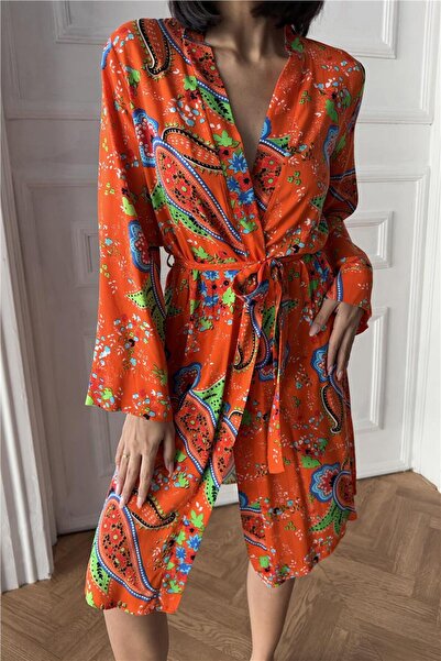 COCCOLARSI Motivi Etnici Turuncu Viskon Kimono / Sabahlık