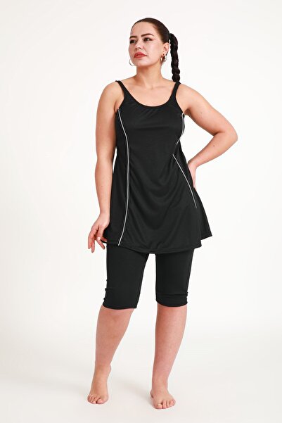 Pemilo Women's 502 Plus Size Striped Tights Dress Swimsuit Black