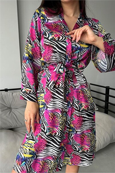 COCCOLARSI Zebra Desen Baskılı Belden Bağlama Saten Kimono / Sabahlık