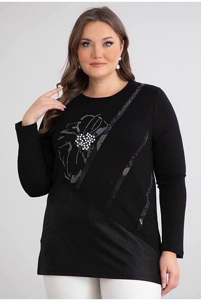 FOR ESRA BIG TREND Γυναικεία μπλούζα με ελαστική βισκόζη με μακρυμάνικο δερμάτινο κάτω μέρος με πέτρινες χάντρες