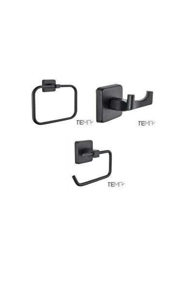 Tema Kare Siyah 3'lü Set Yuvarlak Havluluk,kağıtlık,ikili Bornoz Askılık